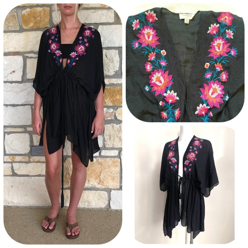 NWOT Umgee Kimono embroidered tie up black Swim Cover-Up S/M